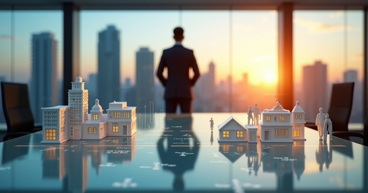 Maquetes de prédios e casas sobre a mesa de uma sala de reunião, com a silhueta de um homem diante da janela e o horizonte da cidade ao entardecer